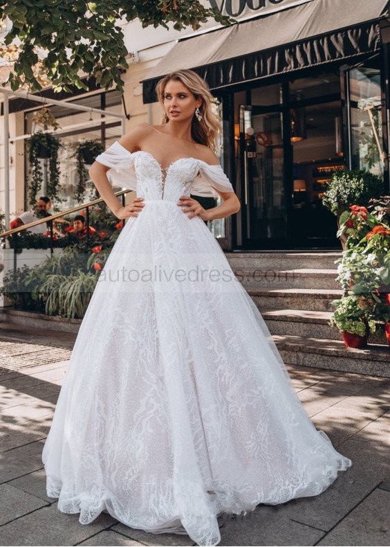 Off Shoulder White Lace Tulle Beaded Wedding Dress